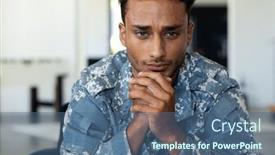  Presentation with military - PPT theme consisting of worried-biracial-male-soldier-wearing background and a ocean colored foreground