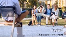  Presentation with cell phones - Amazing presentation design having worried-businesspeople-sitting-outdoor backdrop and a light blue colored foreground