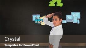  Presentation with doodle - PPT theme consisting of worried businesswoman against blackboard on wall with business technology doodle background and a dark gray colored foreground