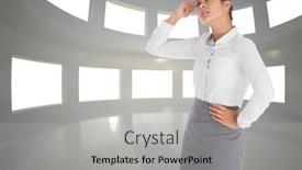  Presentation with windows - PPT layouts enhanced with worried businesswoman against bright room with windows background and a light gray colored foreground