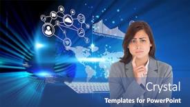  Presentation with blue squares - Colorful slide set enhanced with worried businesswoman against glowing squares on blue background backdrop and a ocean colored foreground