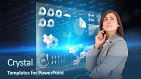  Presentation with hexagon - Presentation design enhanced with worried businesswoman against hexagon pattern on technical background with binary code background and a ocean colored foreground