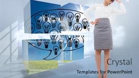  Presentation with holographic - Presentation design enhanced with worried businesswoman against room with holographic cloud background and a light blue colored foreground