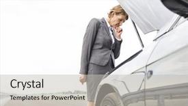  Presentation with car - Beautiful PPT theme featuring worried businesswoman looking at breakdown backdrop and a  colored foreground