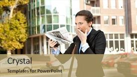  Presentation with bad news - Colorful PPT theme enhanced with worried businesswoman reading newspaper concept - bad news backdrop and a coral colored foreground
