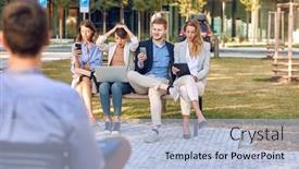  Presentation with cell phones - Presentation theme consisting of worried-caucasian-businesspeople-sitting-outdoor background and a light blue colored foreground