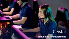  Presentation with video game - Presentation theme with worried-e-sport-girl background and a navy blue colored foreground