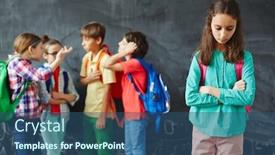  Presentation with classmates - Cool new presentation theme with worried girl standing alone from her classmates backdrop and a ocean colored foreground