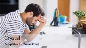  Presentation with man looking up happy - Theme having worried man looking at bills background and a sky blue colored foreground