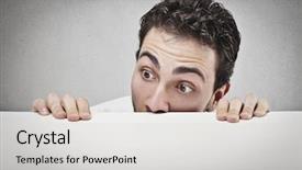  Presentation with man looking up happy - Slide set with worried man looks at something background and a light gray colored foreground