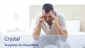  Presentation with bed - Audience pleasing slides consisting of worried man sitting on bed backdrop and a sky blue colored foreground