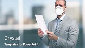  Presentation with coronavirus - Presentation theme featuring worried-masked-businessman-holding background and a ocean colored foreground