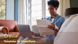  Presentation with laptop - PPT layouts enhanced with worried-mature-woman-at-home and a tawny brown colored foreground