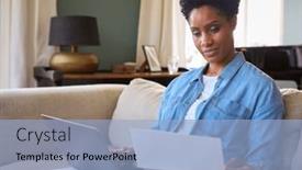  Presentation with laptop - Theme having worried-mature-woman-at-home and a light blue colored foreground