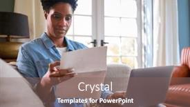  Presentation with home - Theme consisting of worried-mature-woman-at-home and a violet colored foreground