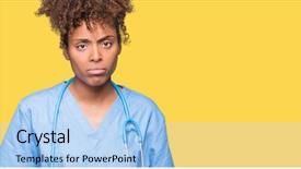  Presentation with doctor african - Beautiful PPT theme featuring worried nurse - young african american doctor woman backdrop and a light blue colored foreground