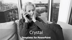  Presentation with senior smart home - Beautiful PPT theme featuring worried senior woman answering smart phone on sofa at home backdrop and a dark gray colored foreground