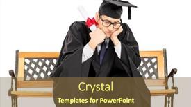  Presentation with diploma - PPT theme consisting of worried student in graduation gown seated on bench holding diploma isolated on white background background and a tawny brown colored foreground