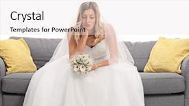  Presentation with contemplating - PPT theme having worried young bride in a white wedding dress sitting on a sofa and contemplating isolated on white background background and a sky blue colored foreground