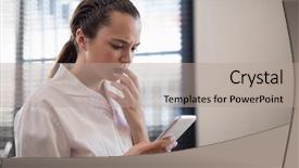  Presentation with female - Audience pleasing presentation theme consisting of worried young female therapist text backdrop and a coral colored foreground