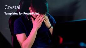  Presentation with headphones - Colorful slide set enhanced with worried-young-man-with-headphones backdrop and a wine colored foreground