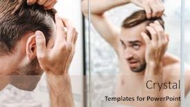  Presentation with mirror - Presentation having worried young shirtless man examining his hair while looking at the bathroom mirror background and a coral colored foreground