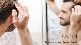  Presentation with mirror - Presentation consisting of worried young shirtless man examining his hair while looking at the bathroom mirror background and a soft green colored foreground