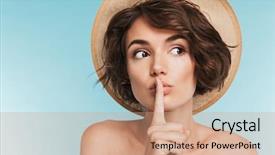  Presentation with close up of young girls - Presentation design featuring worried young woman showing silence background and a coral colored foreground