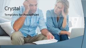  Presentation with pay - Beautiful PPT theme featuring worries - worried couple using their laptop backdrop and a light blue colored foreground