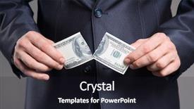  Presentation with financial crisis - PPT theme with worthless - businessman tear dollar banknote financial background and a wine colored foreground