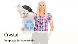  Presentation with recycle glass waste for recycling - Beautiful presentation theme featuring worthless - girl holding recycle bin full backdrop and a cream colored foreground