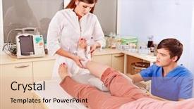  Presentation with bandaging - PPT layouts featuring wound care - doctor bandaging patient in hospital background and a coral colored foreground