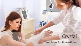  Presentation with wound - Slides having wound care - doctor bandaging patient in hospital background and a soft green colored foreground