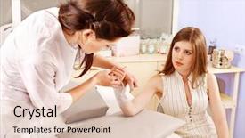  Presentation with bandaging - Cool new PPT theme with fashion studio photo of gorgeous young woman with blond curly hair wears elegant blouse and jeansholding a big bag in hands backdrop and a light gray colored foreground.