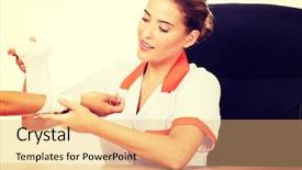  Presentation with bandaging - Amazing presentation theme having wound care - young smile woman doctor bandaging backdrop and a coral colored foreground