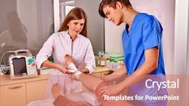  Presentation with bandaging - Theme with wound dressings - doctor bandaging foot patient background and a coral colored foreground