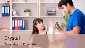  Presentation with wound - Theme enhanced with wound dressings - young woman with bandaged arm background and a  colored foreground