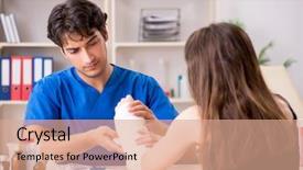  Presentation with wound - Presentation design consisting of wound dressings - young woman with bandaged arm background and a coral colored foreground