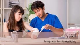 Presentation with wound - Beautiful PPT theme featuring wound dressings - young woman with bandaged arm backdrop and a coral colored foreground