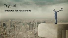  Presentation with wound - Beautiful presentation featuring wound up businessman with hands in pockets against balcony overlooking city backdrop and a light gray colored foreground