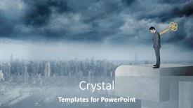  Presentation with wound - Presentation theme having wound up businessman with hands in pockets against coastline and city background and a gray colored foreground