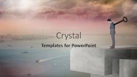  Presentation with wound - Colorful slides enhanced with wound up businessman with hands in pockets against coastline and city backdrop and a soft green colored foreground