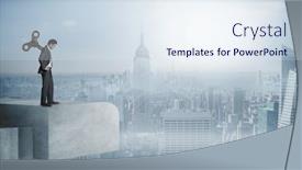  Presentation with wound - Audience pleasing slide deck consisting of wound up businessman with hands on hips against misty cityscape backdrop and a sky blue colored foreground