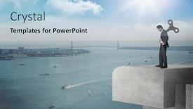  Presentation with wound - PPT theme with wound up businessman with hands on hips against balcony overlooking city background and a light blue colored foreground