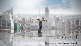  Presentation with wound - Amazing PPT theme having wound up businessman with hands on hips on tightrope against room with large window looking on city backdrop and a light gray colored foreground