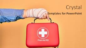  Presentation with first aid kit - PPT layouts consisting of wounded-hand-of-caucasian-young background and a yellow colored foreground
