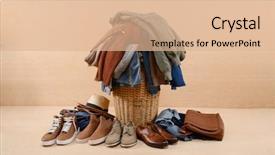  Presentation with leather shoes - PPT theme enhanced with woven bags - full of jeans pile background and a coral colored foreground