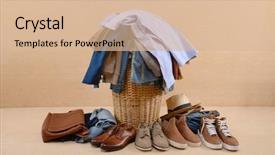  Presentation with leather shoes - Colorful slide deck enhanced with woven bags - full of jeans pile backdrop and a lemonade colored foreground