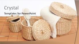  Presentation with woven - Theme having woven baskets with bath accessories background and a cool aqua colored foreground