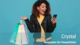  Presentation with retail smart phone shopping - Theme consisting of wow - picture of excited amazing young background and a teal colored foreground